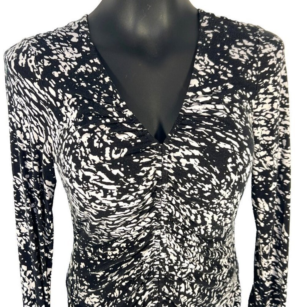 Elie Tahari - Women's S/M Blouse Black White Abstract Print Long Ruched Sleeves - Picture 3 of 16
